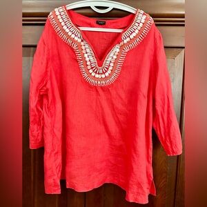Talbots Coral Embellished Linen Tunic with 3/4 Sleeves